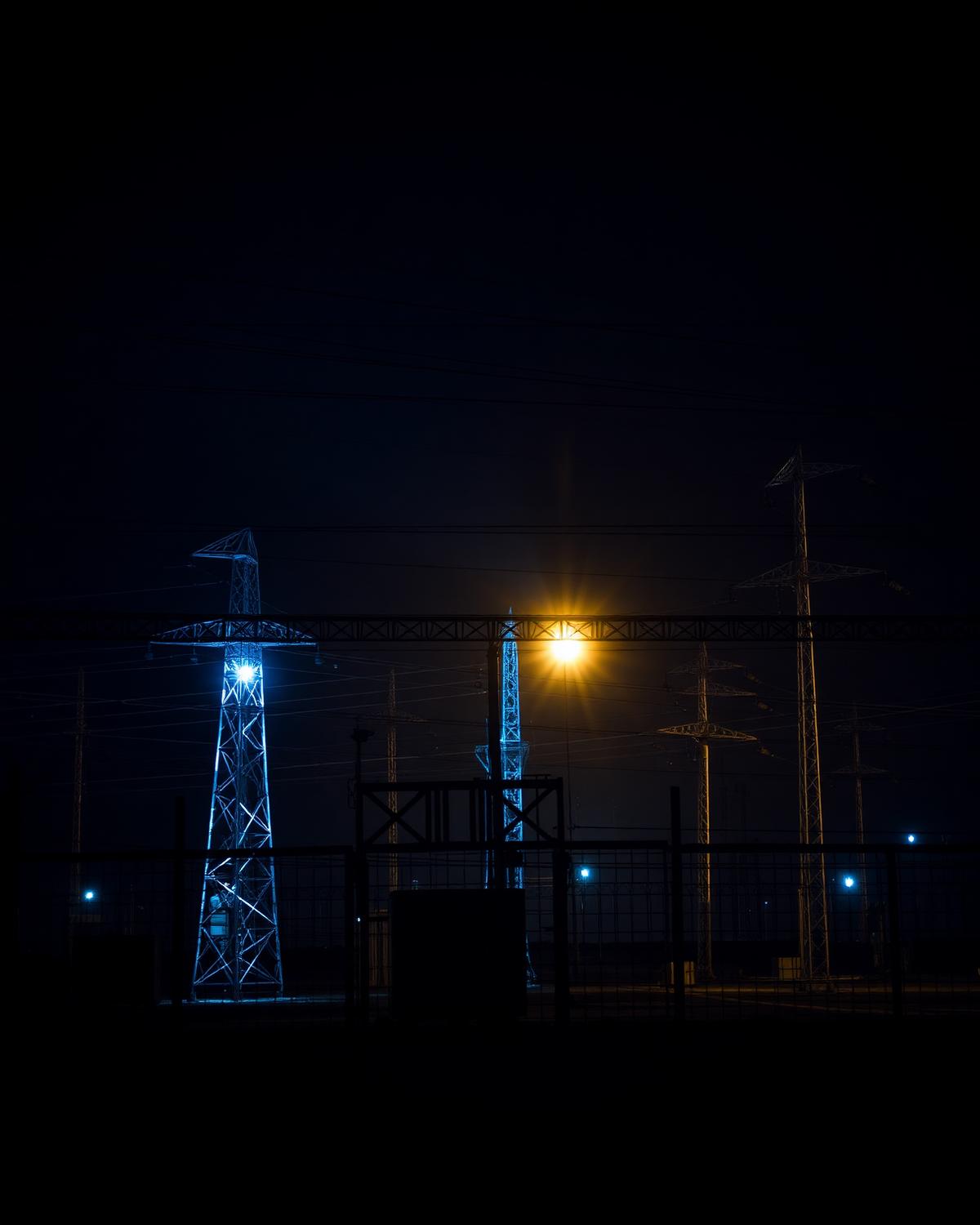 High voltage substation and transmission towers at night