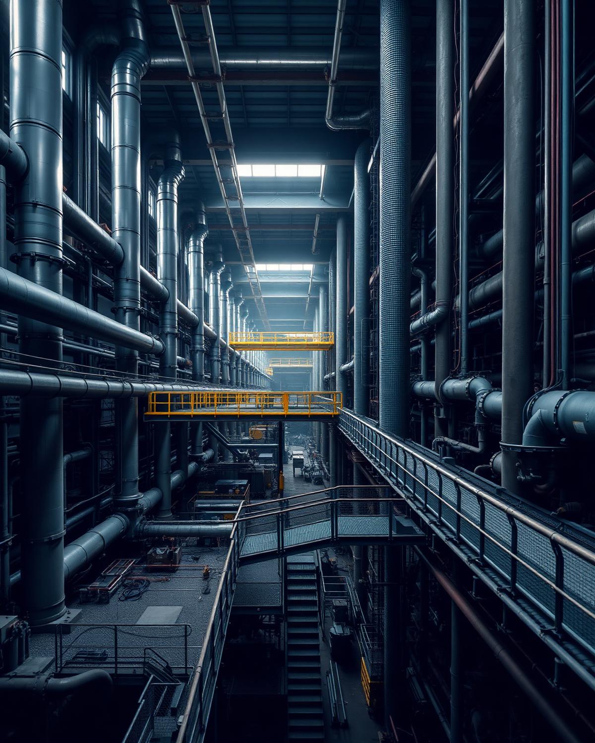 Industrial plant interior with pipework and steel walkways