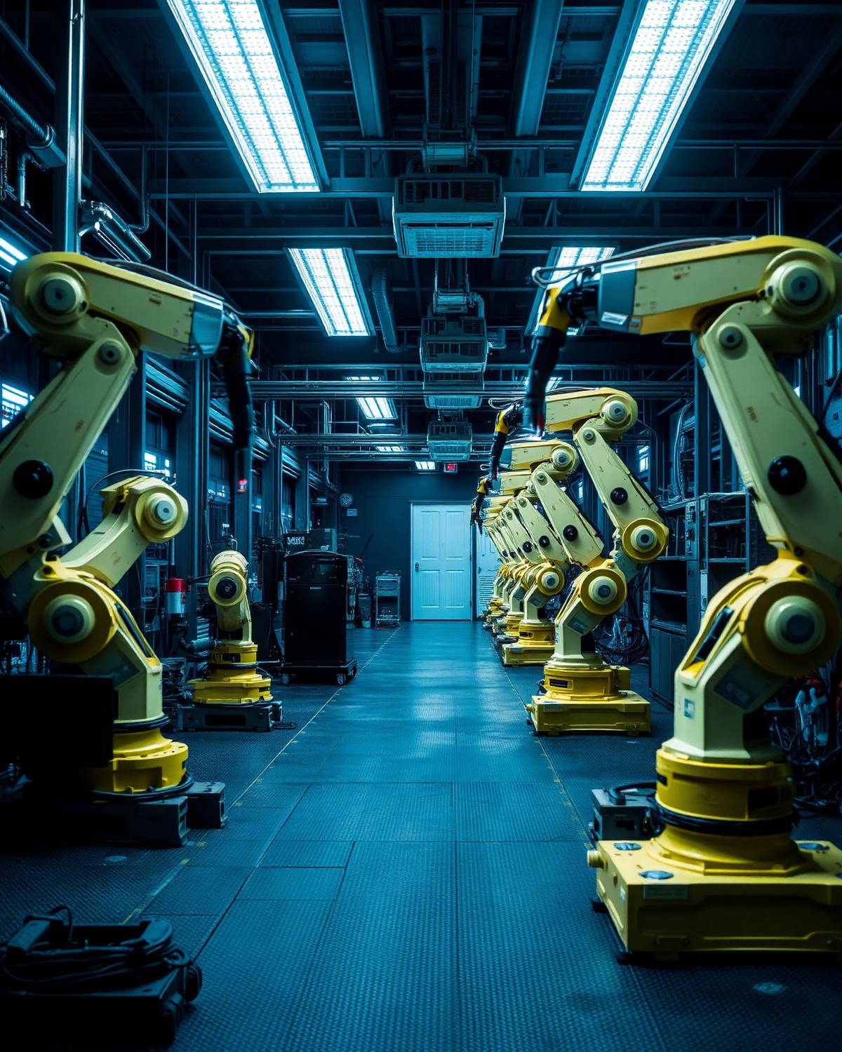 Robotic assembly arms on a modern factory floor