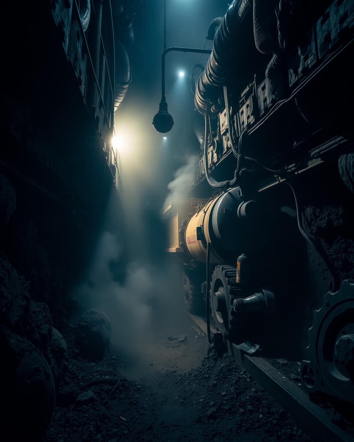 Underground mining machinery lit by cold work lights