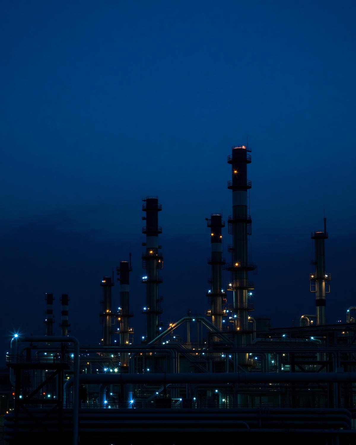 Process plant distillation columns at dusk
