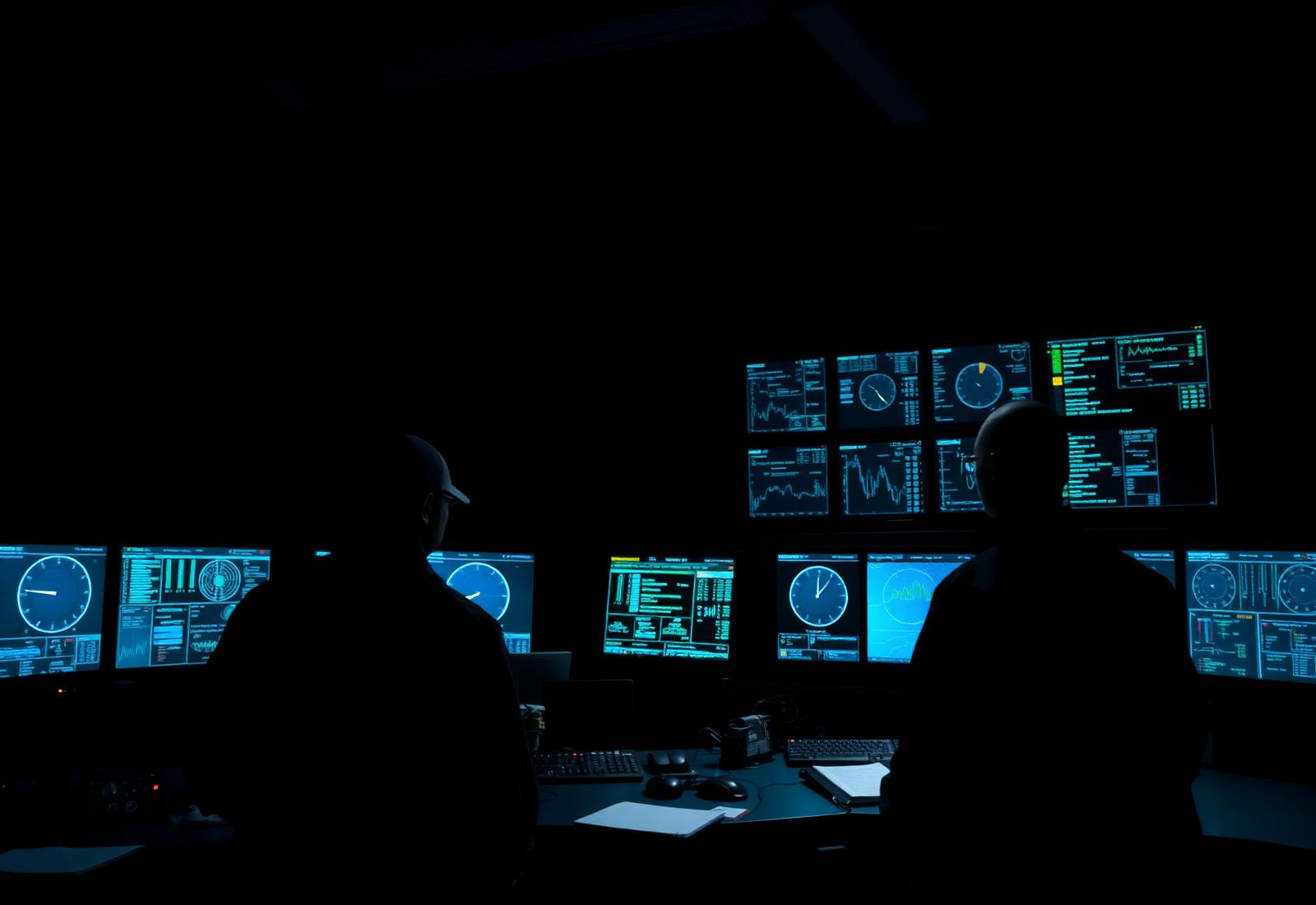 Engineers monitoring industrial process dashboards in a darkened control room
